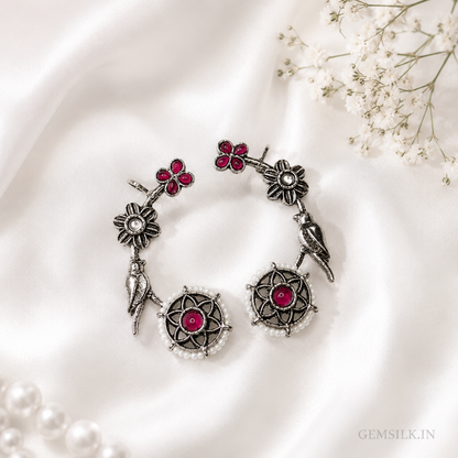 Oxidised Bird and Floral Ear Climber Earrings for Women | GEMSILK