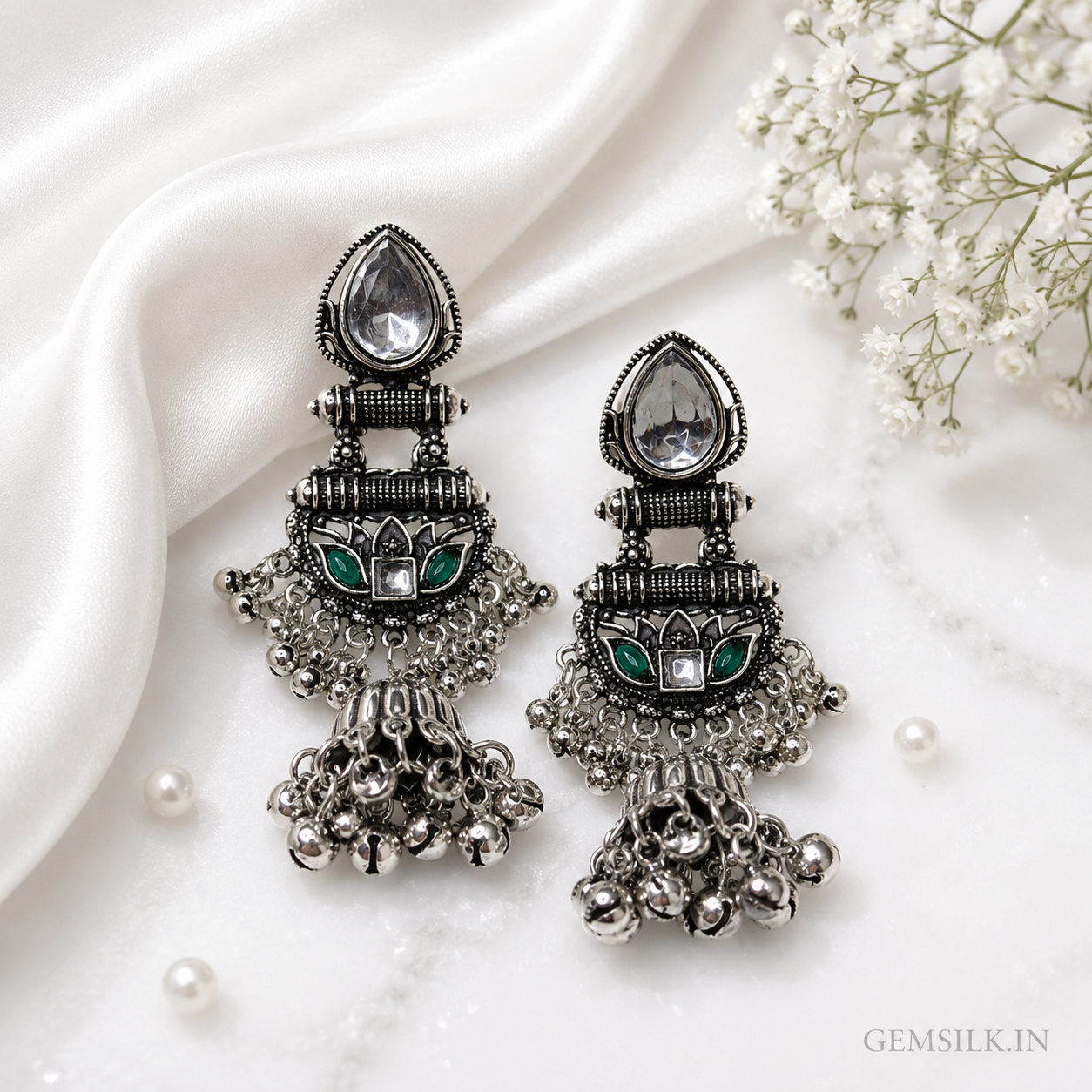 Antique Oxidised Silver Jhumka Earrings for Women | GEMSILK