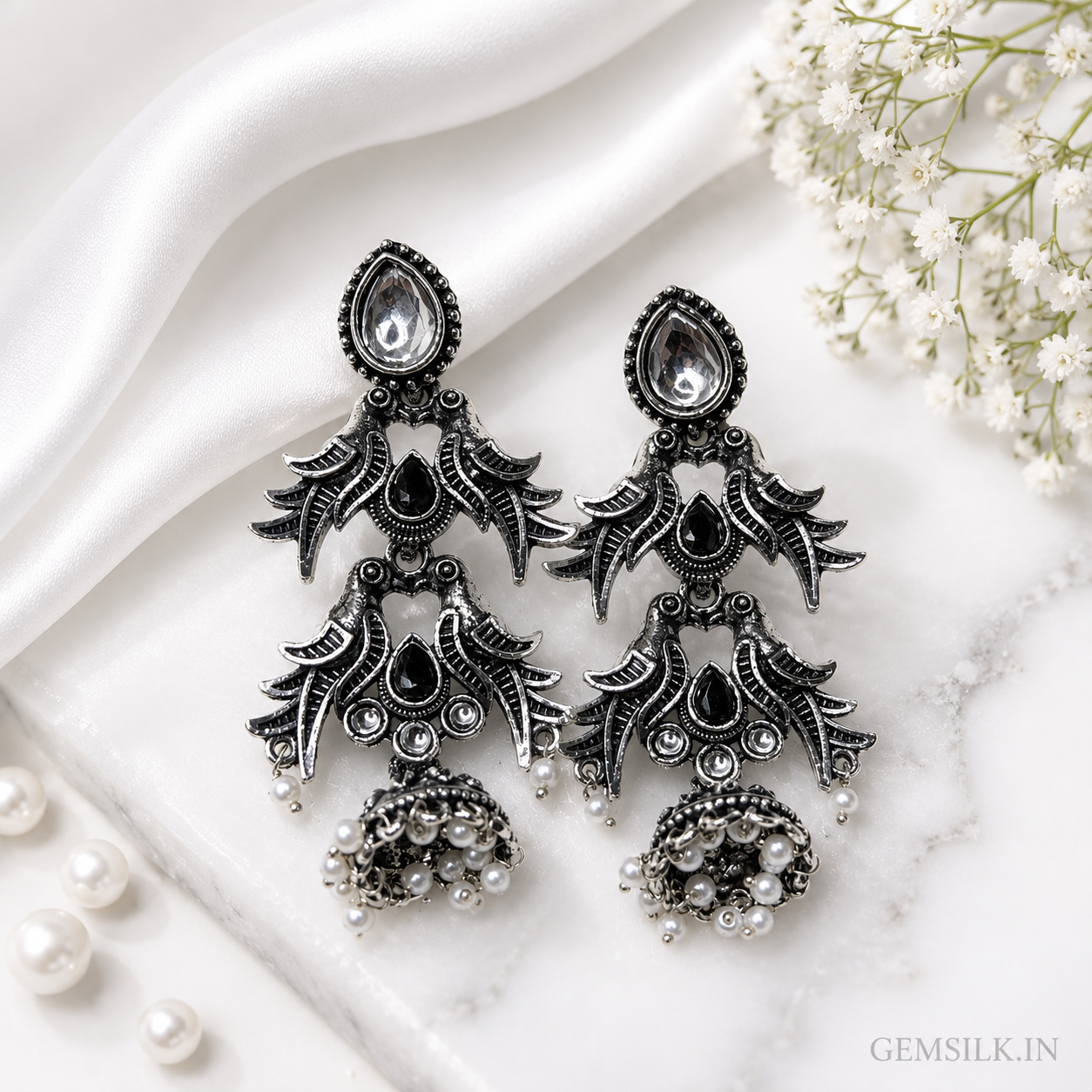 Vintage Oxidised Jhumka Earrings for Women | Silver Plated | GEMSILK