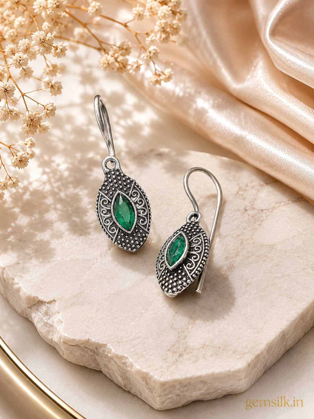 Vintage Oxidised Silver Drop Hook Earrings for Women | GEMSILK