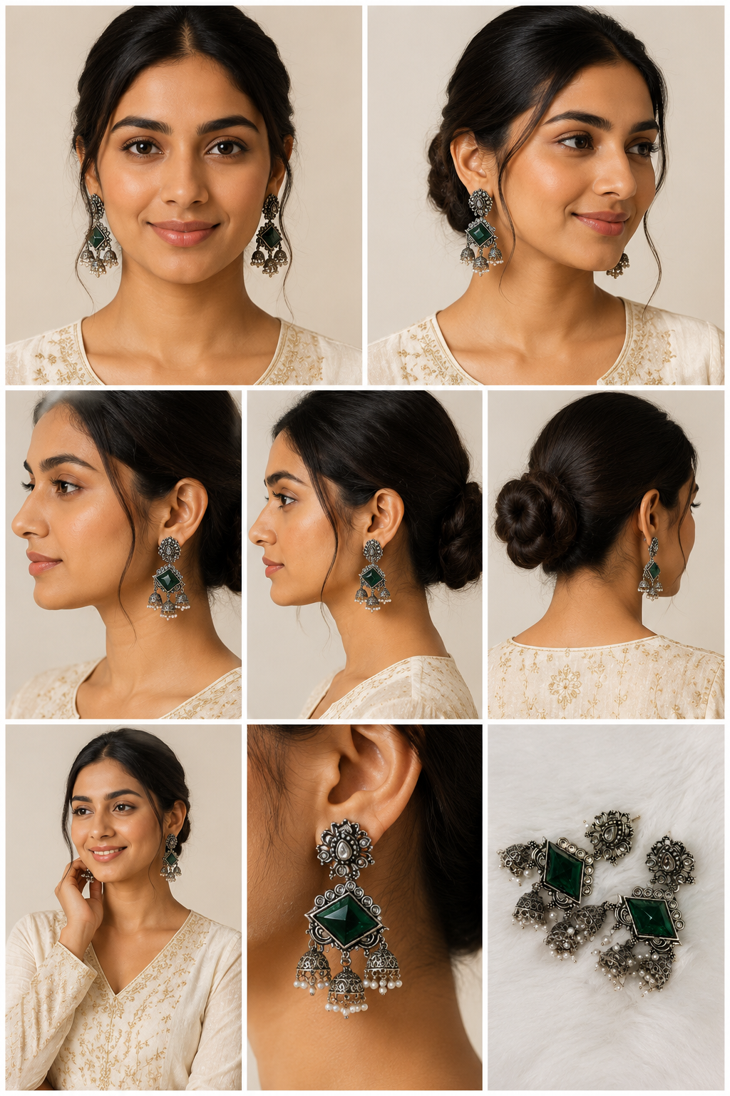 Emerald Oxidised Silver Jhumka Earrings with Pearl Drops | Premium Ethnic Statement Earrings