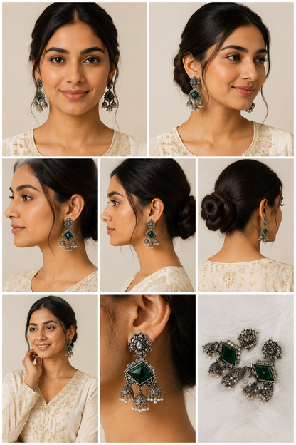 Emerald Oxidised Silver Jhumka Earrings with Pearl Drops | Premium Ethnic Statement Earrings