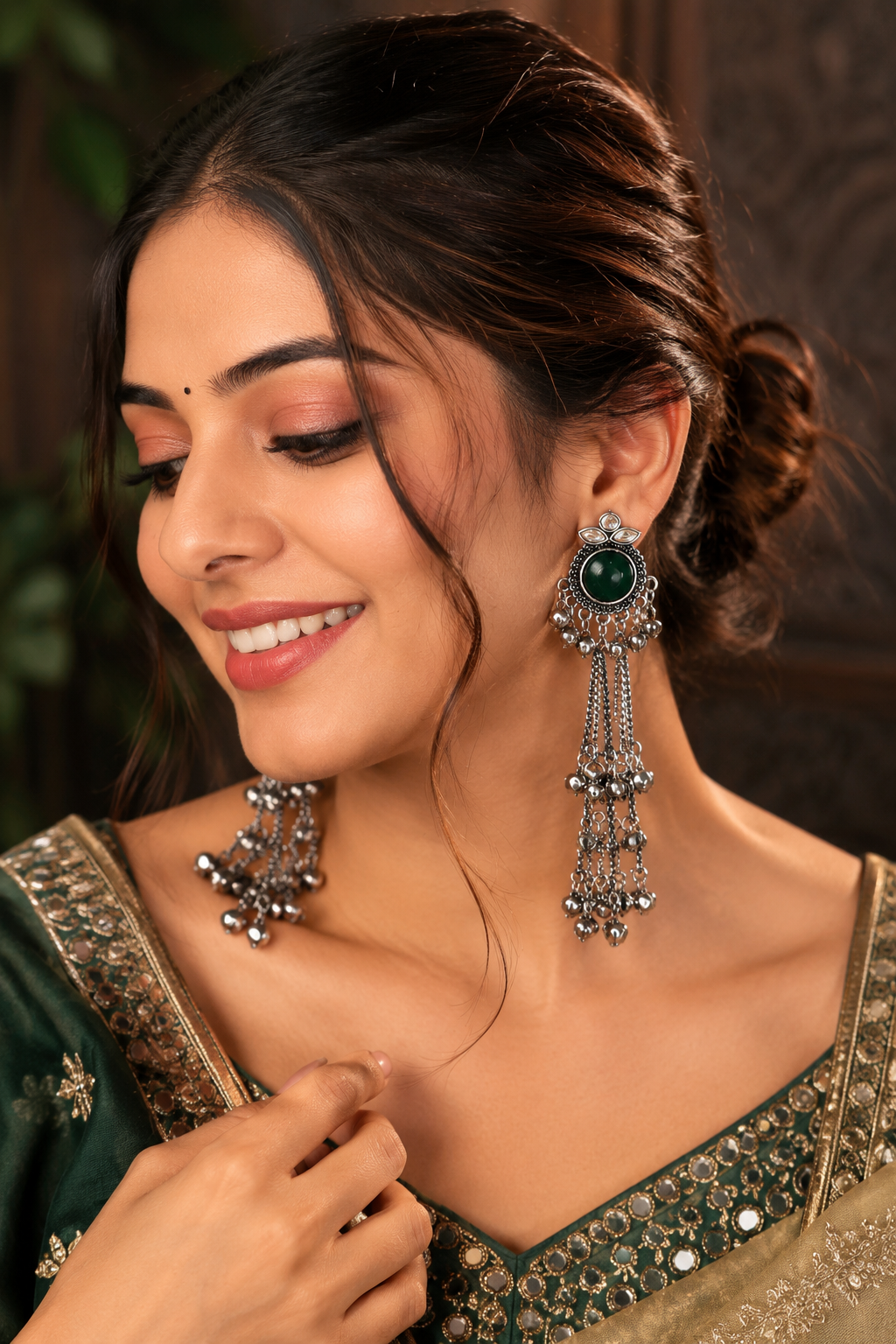 GEMSILK Stone Oxidised Long Jhumka Earrings for Women | Traditional Silver-Plated Ghungroo Tassel Earrings