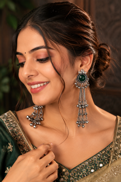 GEMSILK Stone Oxidised Long Jhumka Earrings for Women | Traditional Silver-Plated Ghungroo Tassel Earrings