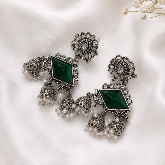 Emerald Oxidised Silver Jhumka Earrings with Pearl Drops | Premium Ethnic Statement Earrings