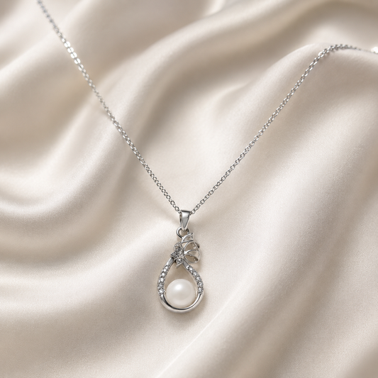Silver Pearl Pendant Necklace for Women | Elegant Crystal Necklace | GEMSILK