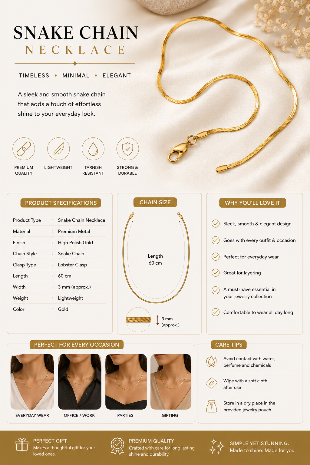 Snake Chain Necklace – Premium Gold Finish | Unisex
