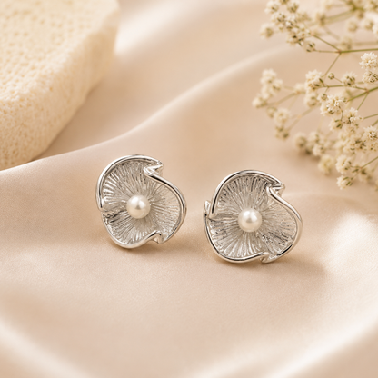 Silver Floral Pearl Stud Earrings for Women | Anti-Tarnish Daily Wear | GEMSILK