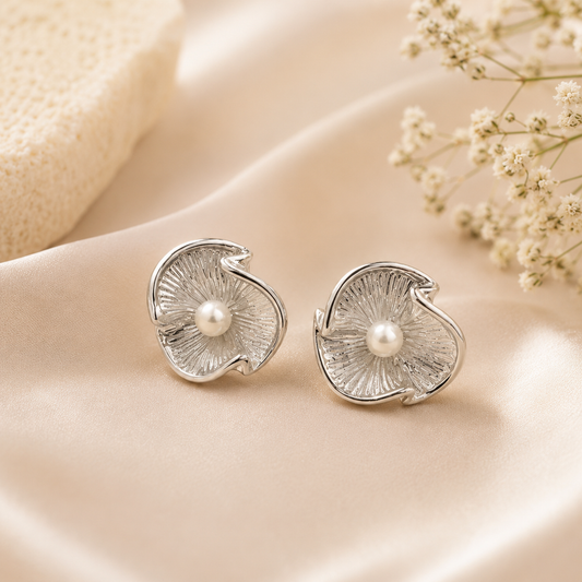 Silver Floral Pearl Stud Earrings for Women | Anti-Tarnish Daily Wear | GEMSILK