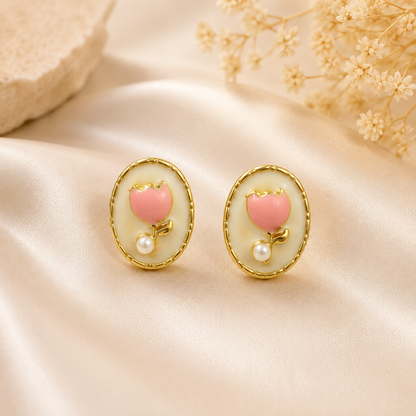Pink Tulip Stud Earrings for Women | Gold-Plated Floral Pearl Earrings | Anti-Tarnish Cute Daily Wear Jewellery